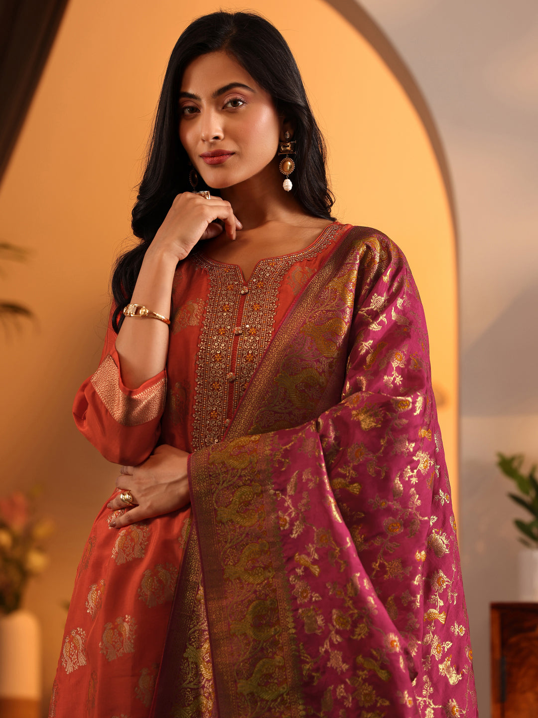 Libas Art Orange Woven Design Silk Blend Straight Suit Set With Dupatta 