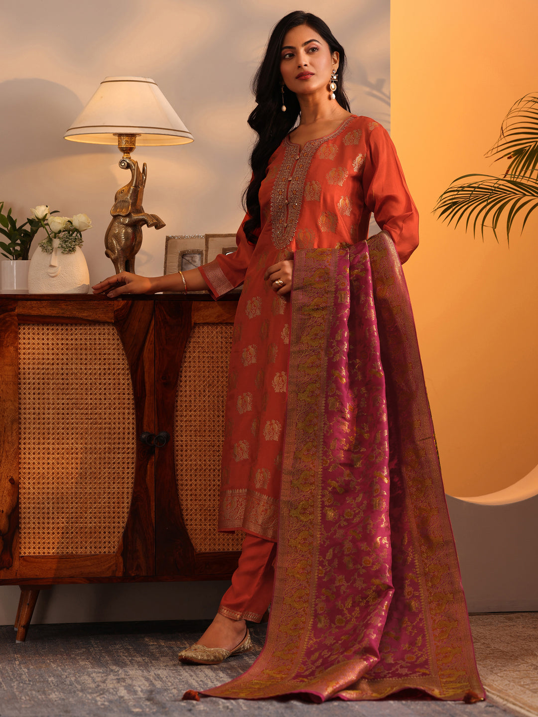  Libas Art Orange Woven Design Silk Blend Straight Suit Set With Dupatta 