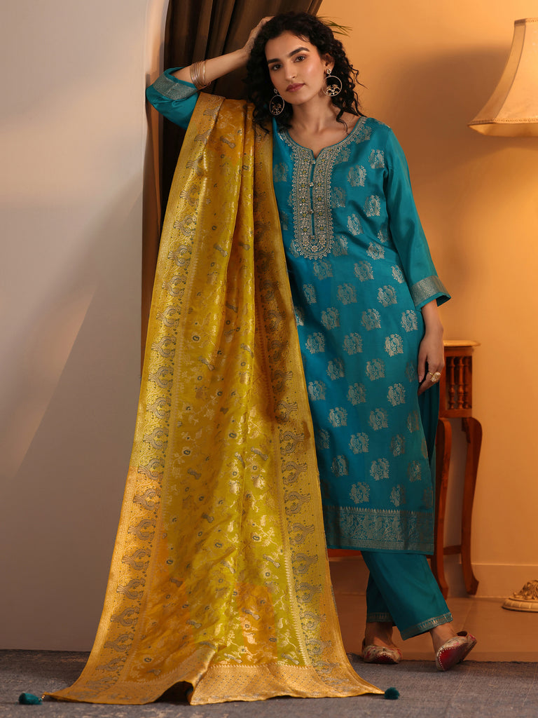 Libas Blue Woven Design Silk Blend Straight Suit Set With Dupatta
