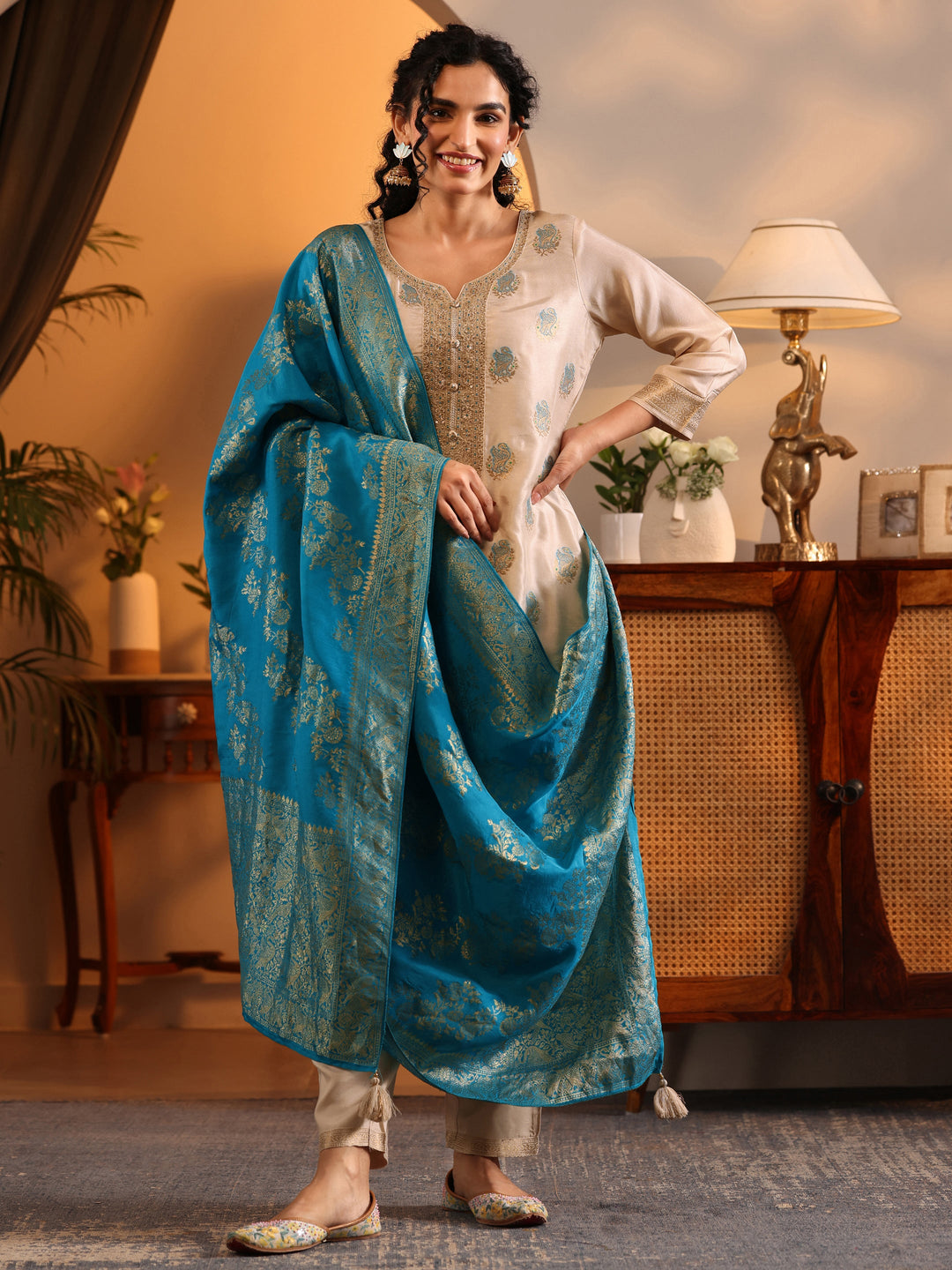 Libas Art Off White Woven Design Silk Blend Straight Suit Set With Dupatta 