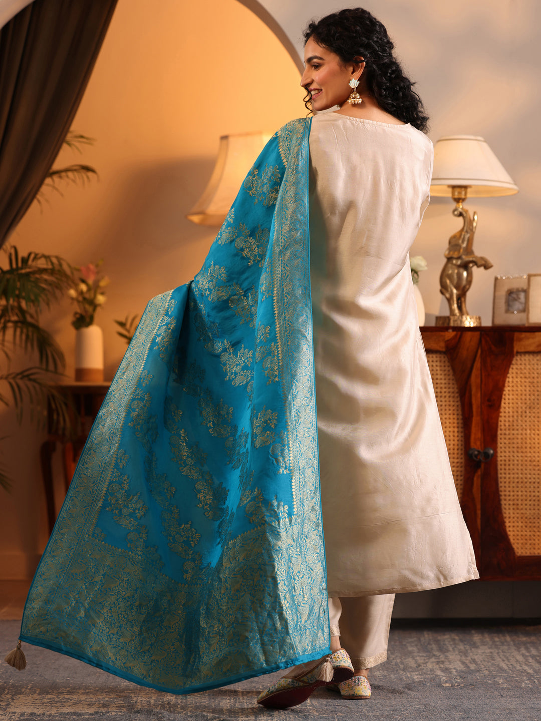  Libas Art Off White Woven Design Silk Blend Straight Suit Set With Dupatta 