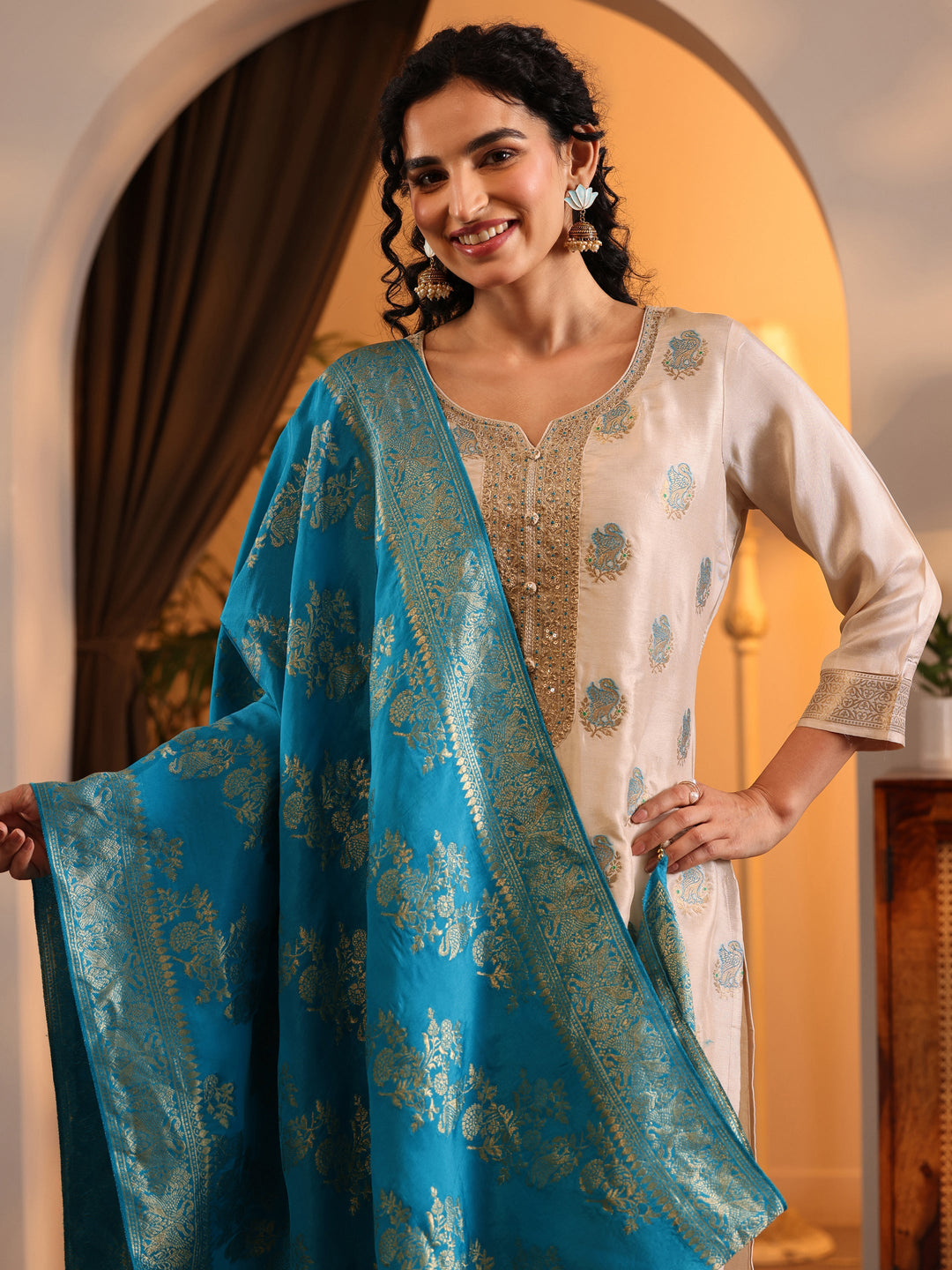  Libas Art Off White Woven Design Silk Blend Straight Suit Set With Dupatta 