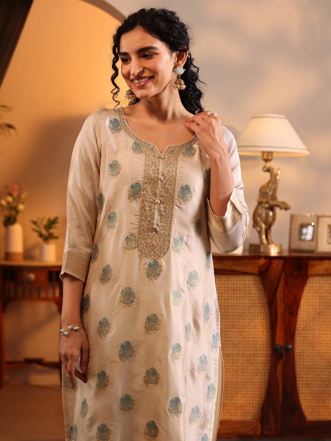  Libas Art Off White Woven Design Silk Blend Straight Suit Set With Dupatta 