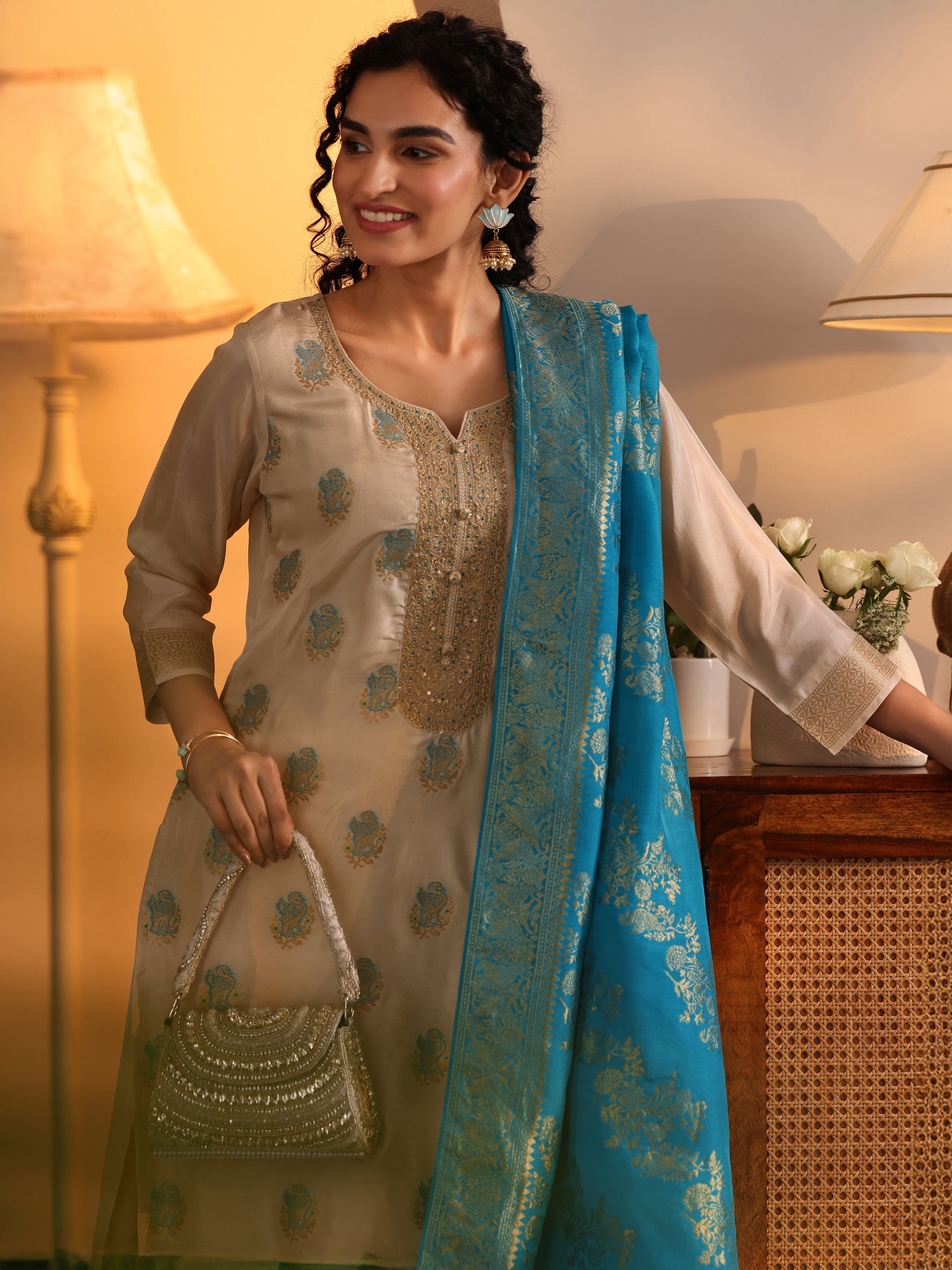 Off White Woven Design Silk Blend Straight Suit Set With Dupatta-image-27