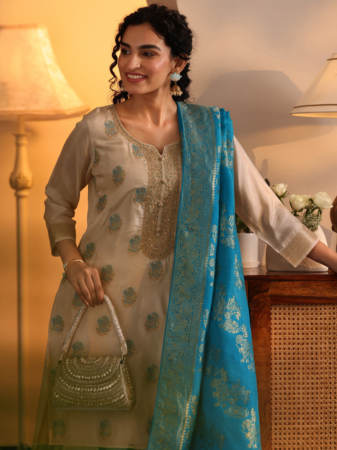 Libas Art Off White Woven Design Silk Blend Straight Suit Set With Dupatta