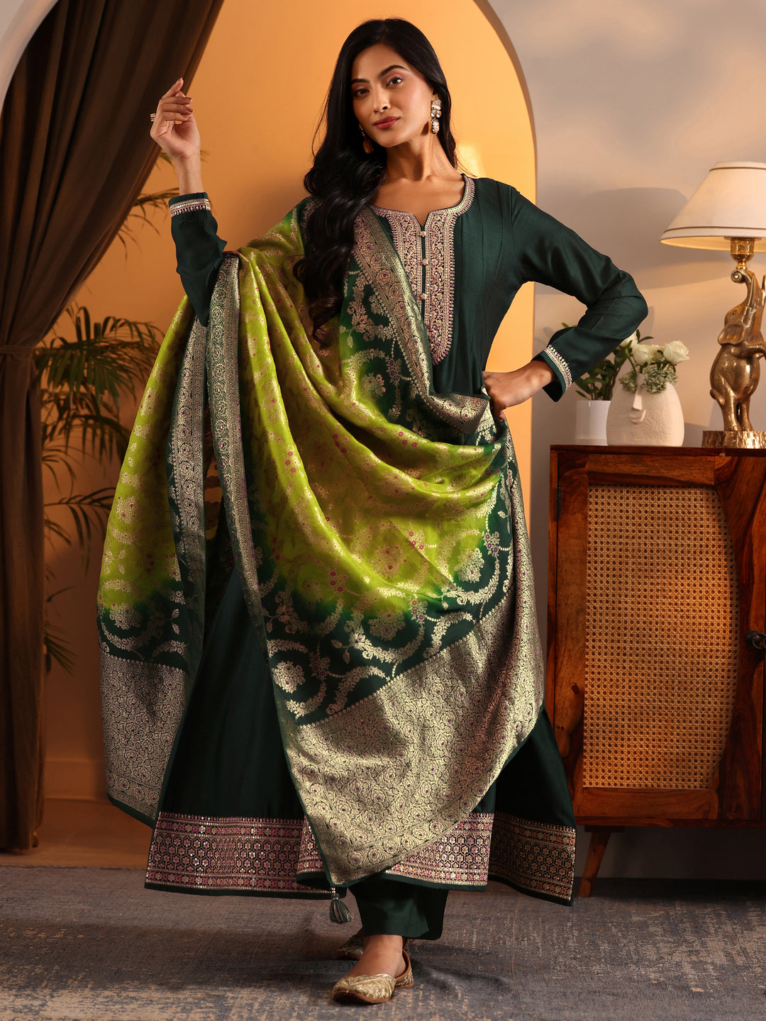  Libas Art Green Woven Design Silk Blend Anarkali Suit Set With Dupatta 