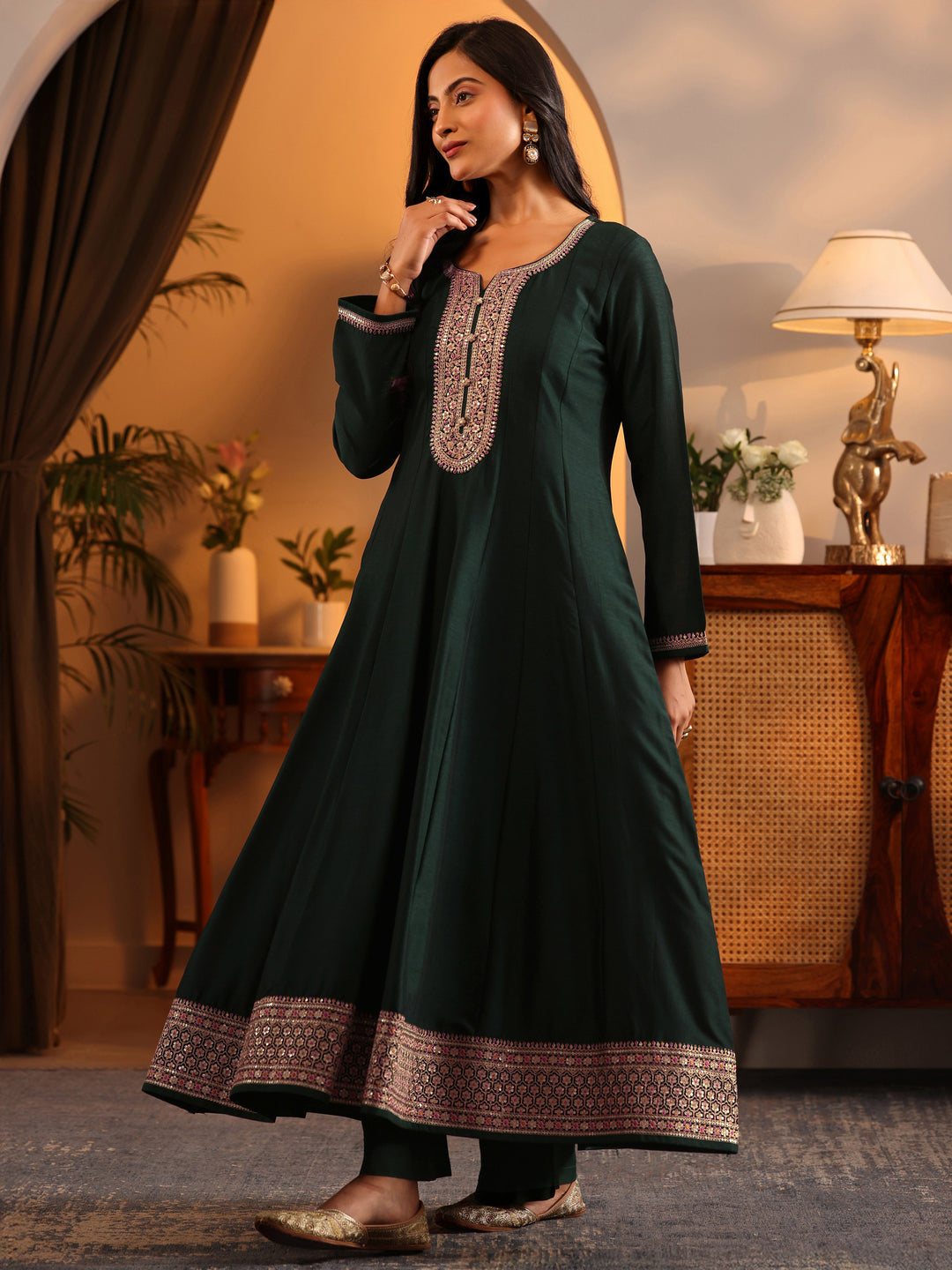  Libas Art Green Woven Design Silk Blend Anarkali Suit Set With Dupatta 