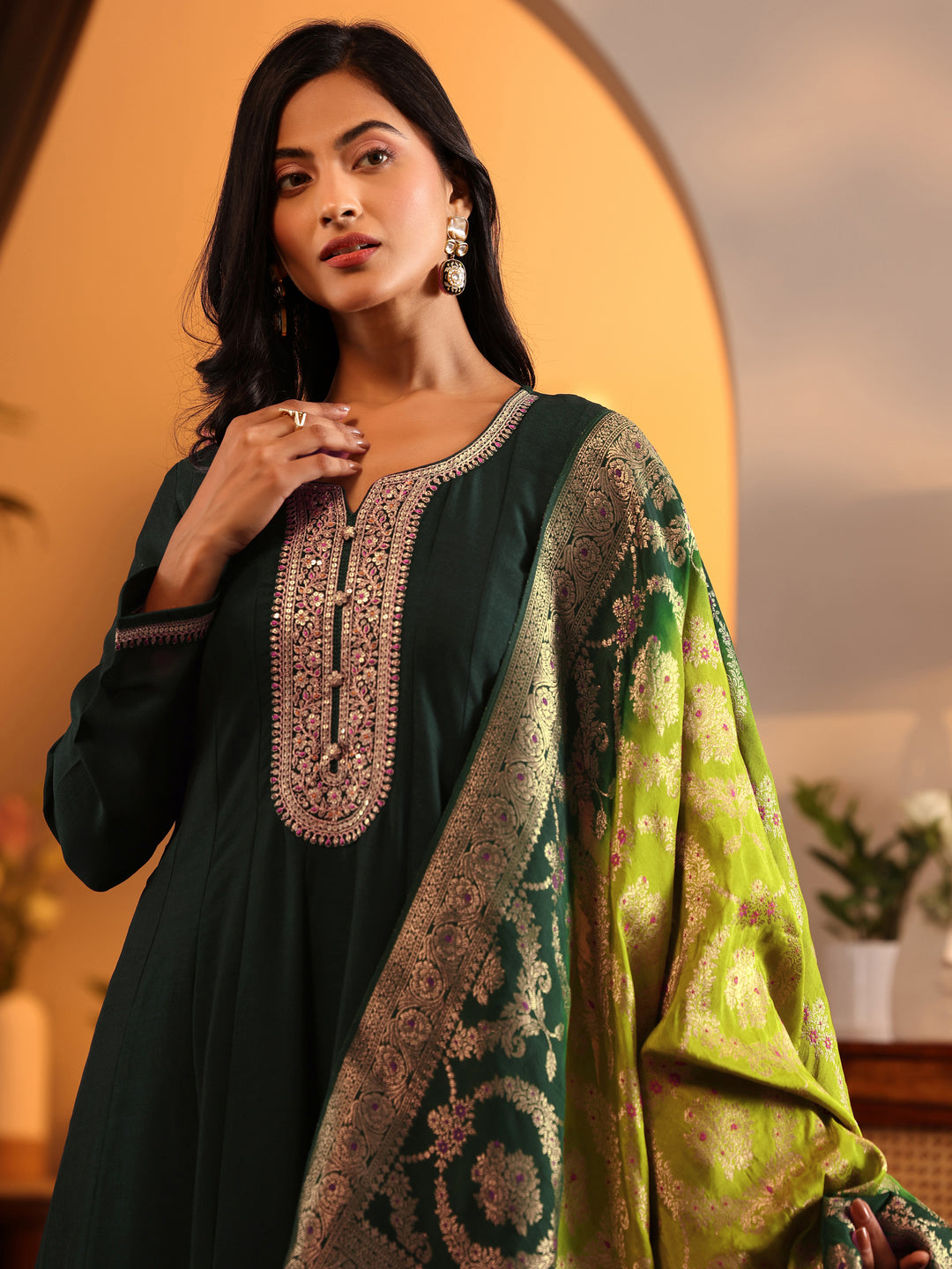  Libas Art Green Woven Design Silk Blend Anarkali Suit Set With Dupatta 
