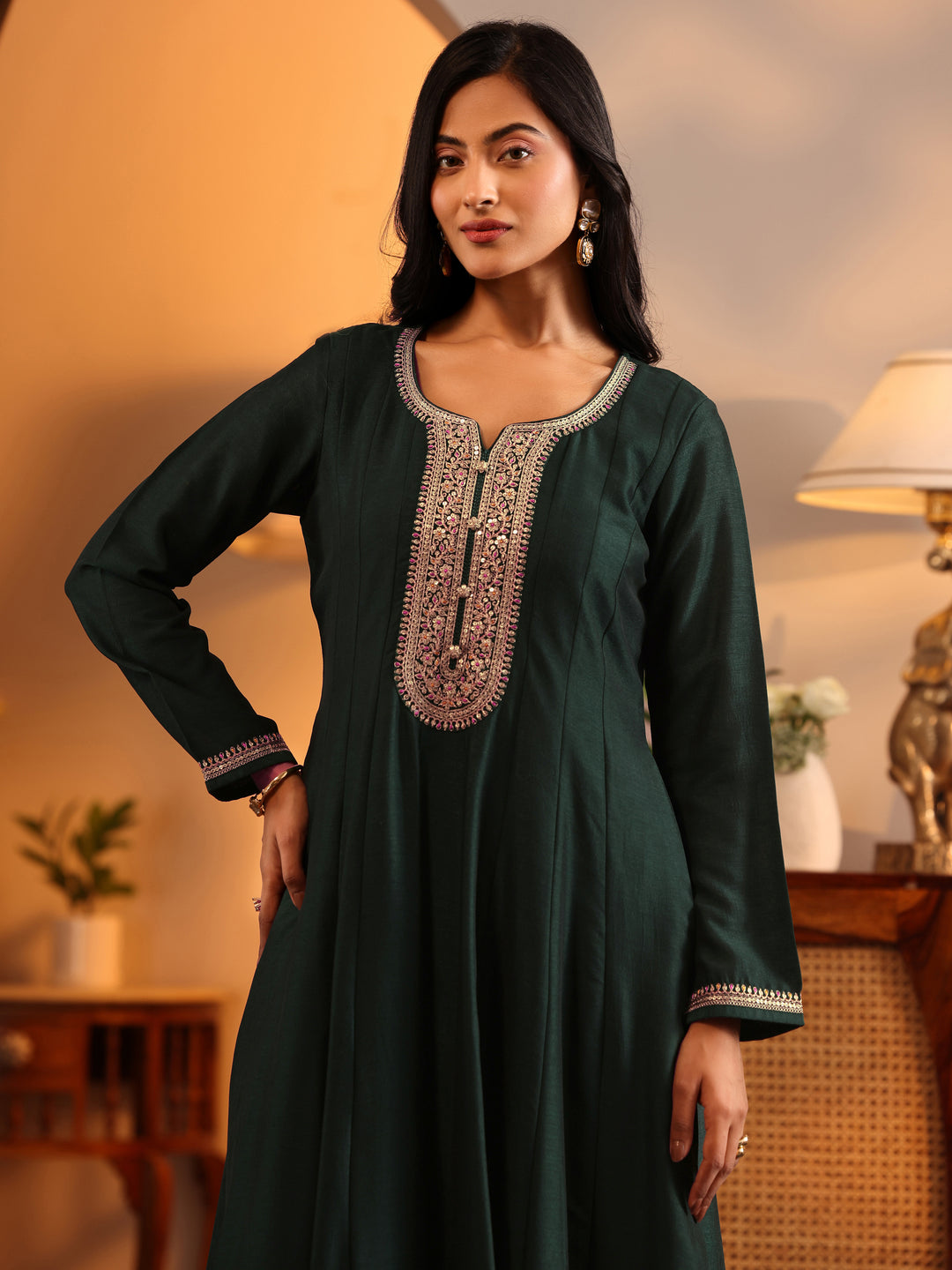  Libas Art Green Woven Design Silk Blend Anarkali Suit Set With Dupatta 