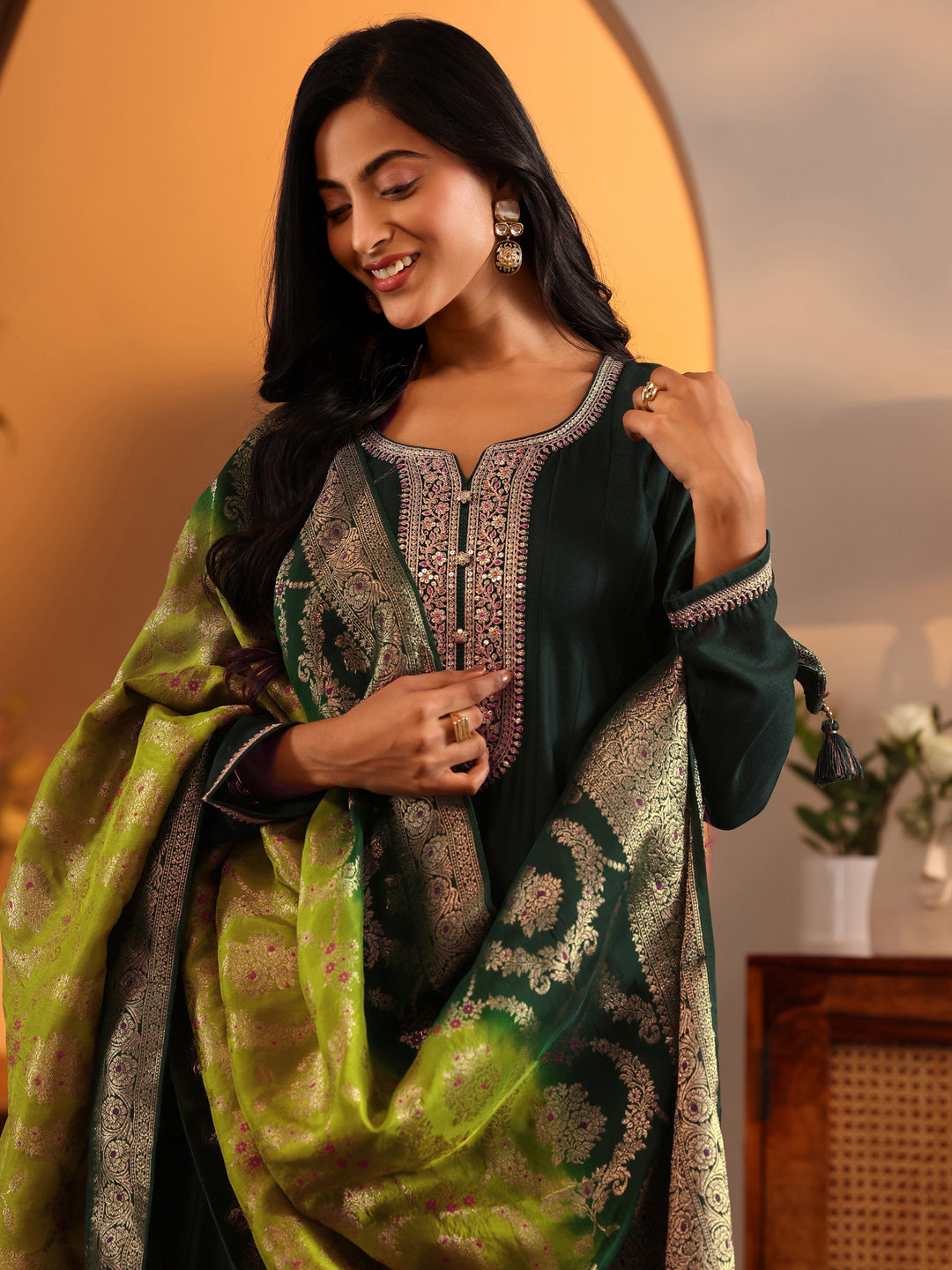  Libas Art Green Woven Design Silk Blend Anarkali Suit Set With Dupatta 