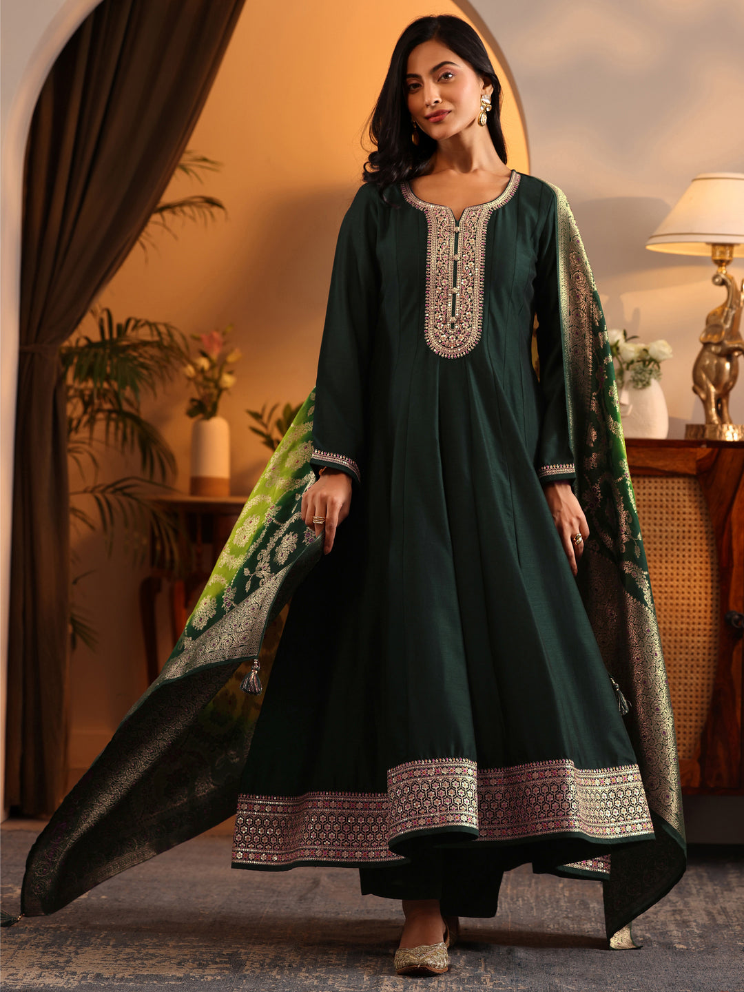  Libas Art Green Woven Design Silk Blend Anarkali Suit Set With Dupatta 
