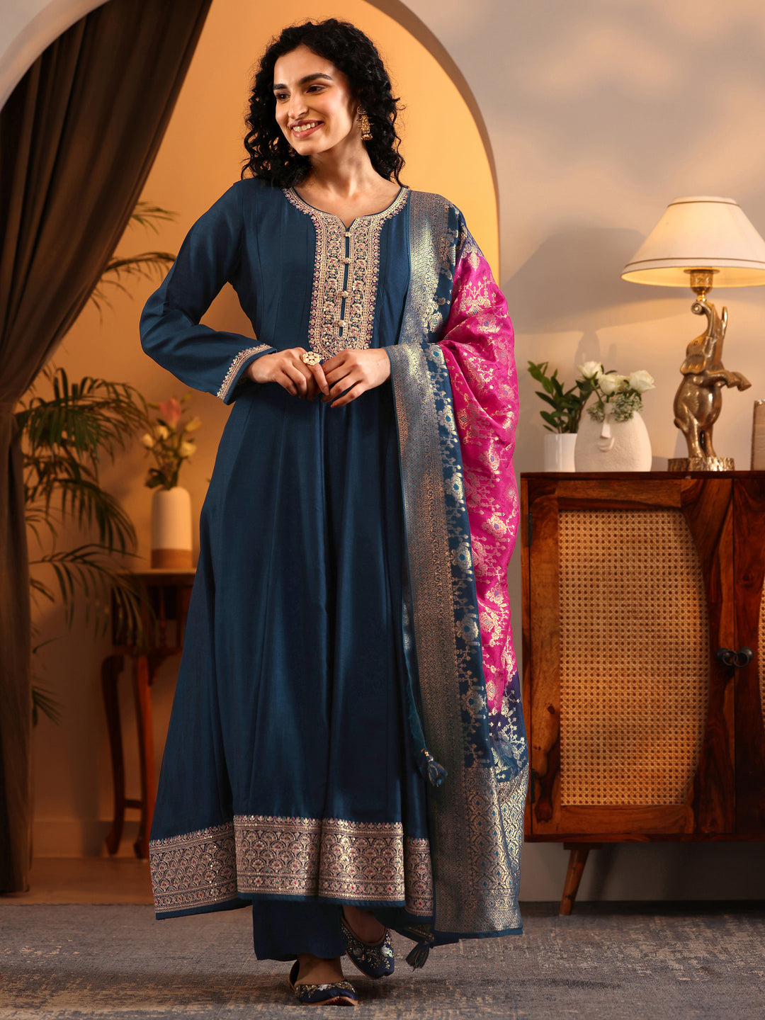  Libas Art Navy Blue Woven Design Silk Blend Anarkali Suit Set With Dupatta 