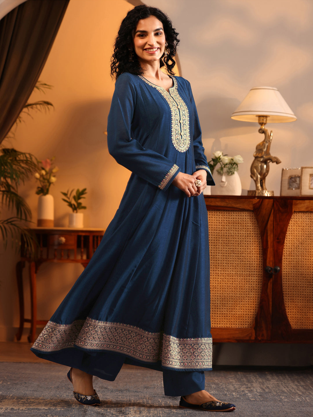  Libas Art Navy Blue Woven Design Silk Blend Anarkali Suit Set With Dupatta 