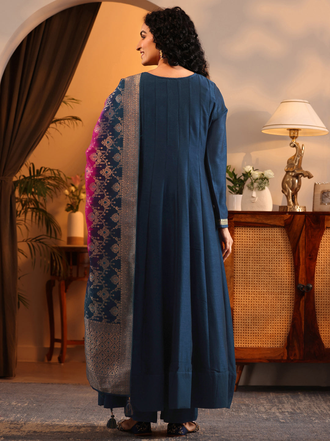  Libas Art Navy Blue Woven Design Silk Blend Anarkali Suit Set With Dupatta 