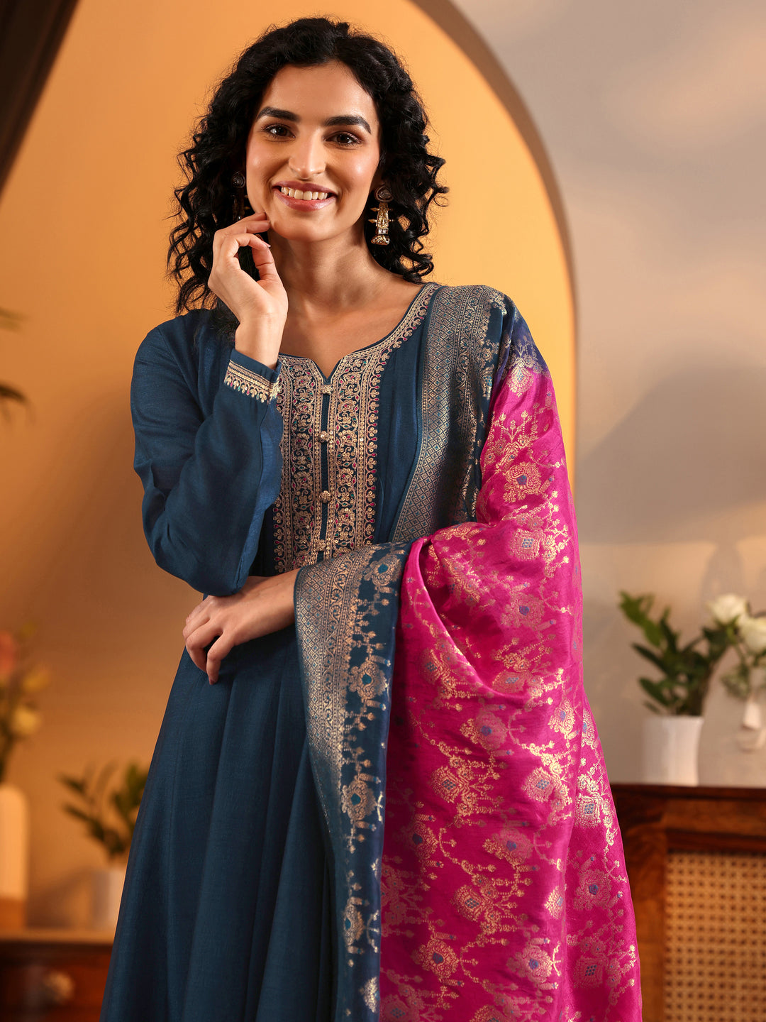  Libas Art Navy Blue Woven Design Silk Blend Anarkali Suit Set With Dupatta 