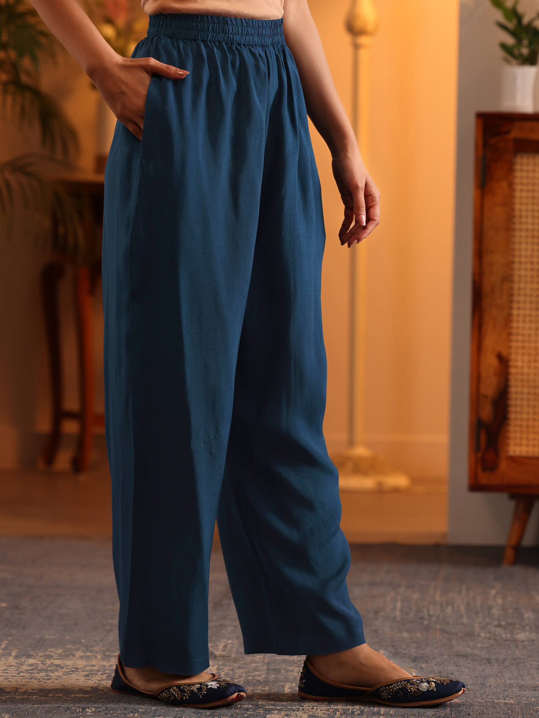  Libas Art Navy Blue Woven Design Silk Blend Anarkali Suit Set With Dupatta 