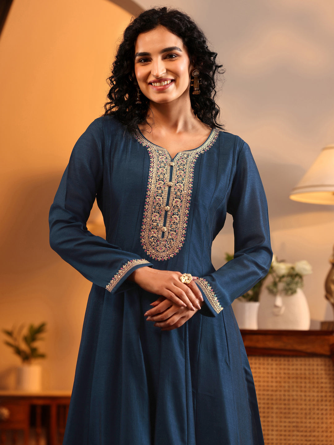  Libas Art Navy Blue Woven Design Silk Blend Anarkali Suit Set With Dupatta 