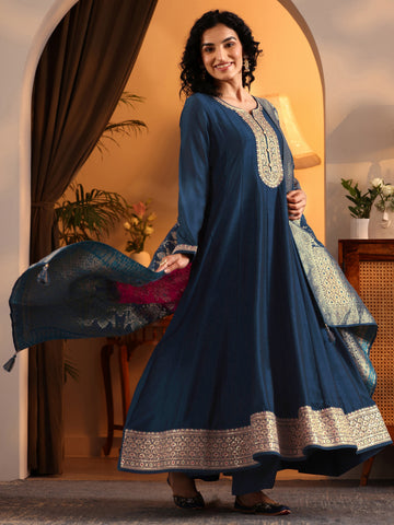 Navy Blue Woven Design Silk Blend Anarkali Suit Set With Dupatta