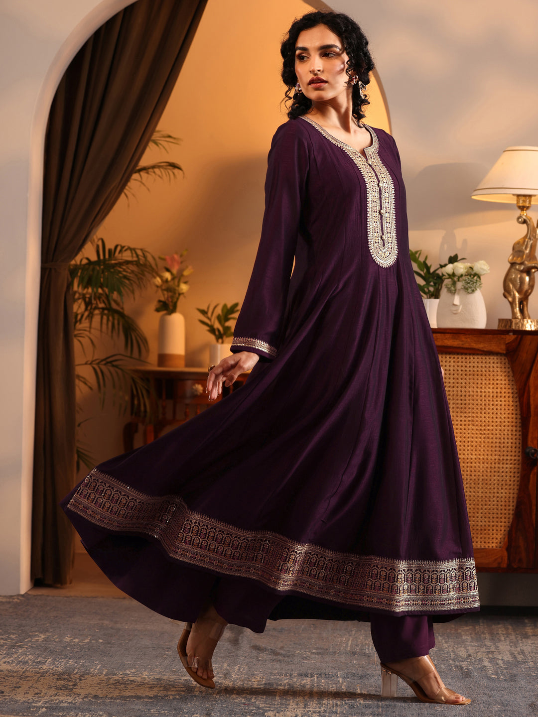  Libas Art Burgundy Woven Design Silk Blend Anarkali Suit Set With Dupatta 