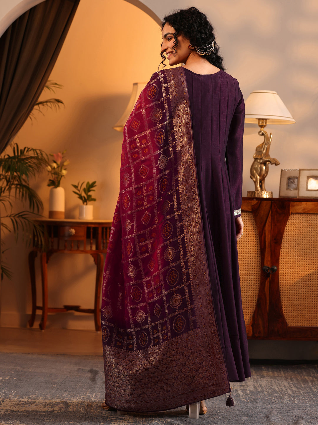  Libas Art Burgundy Woven Design Silk Blend Anarkali Suit Set With Dupatta 