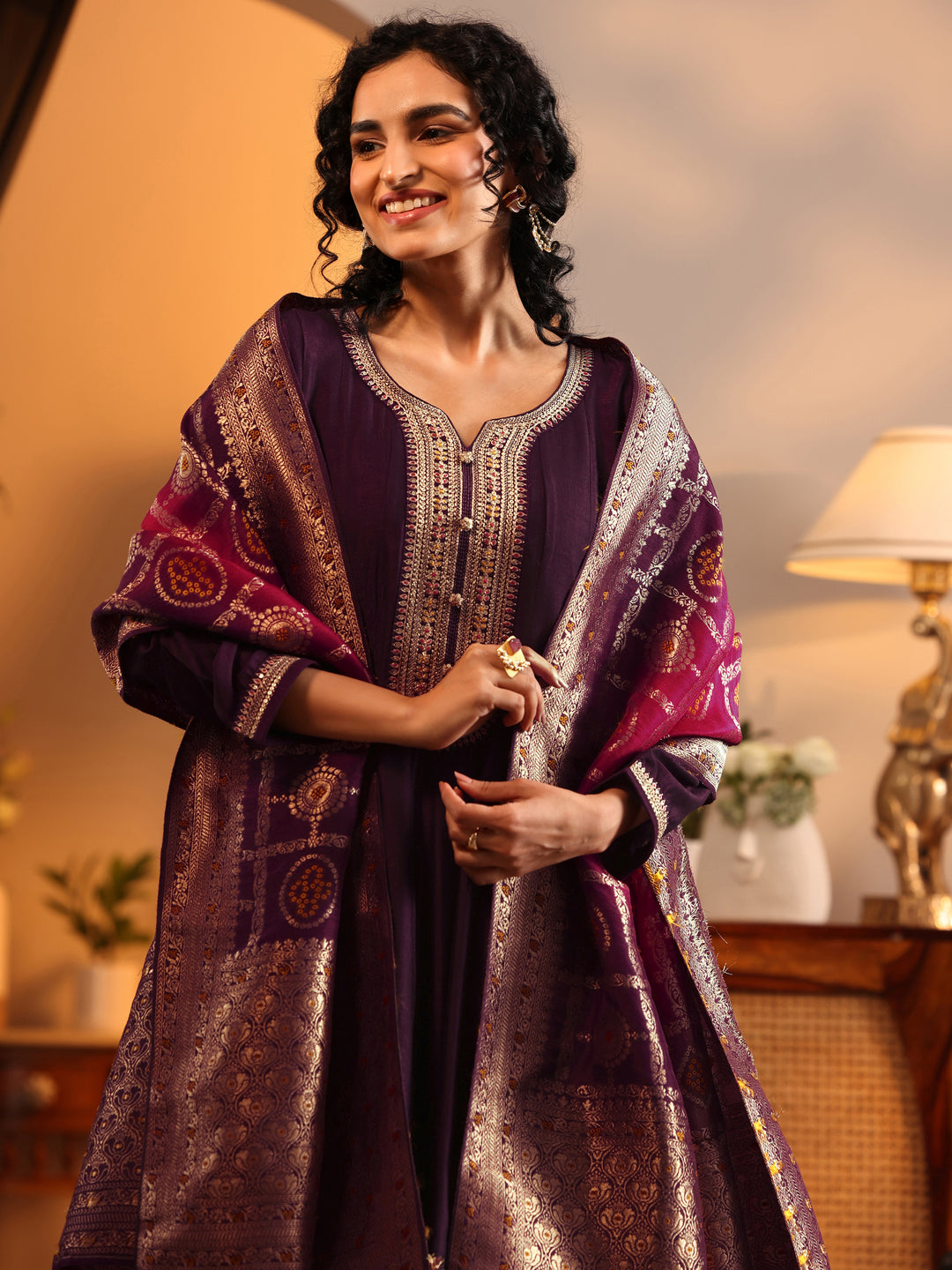  Libas Art Burgundy Woven Design Silk Blend Anarkali Suit Set With Dupatta 