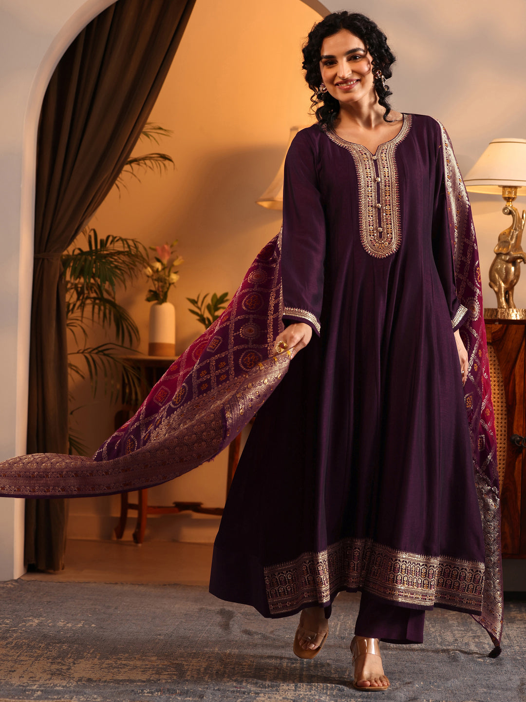 Libas Art Burgundy Woven Design Silk Blend Anarkali Suit Set With Dupatta