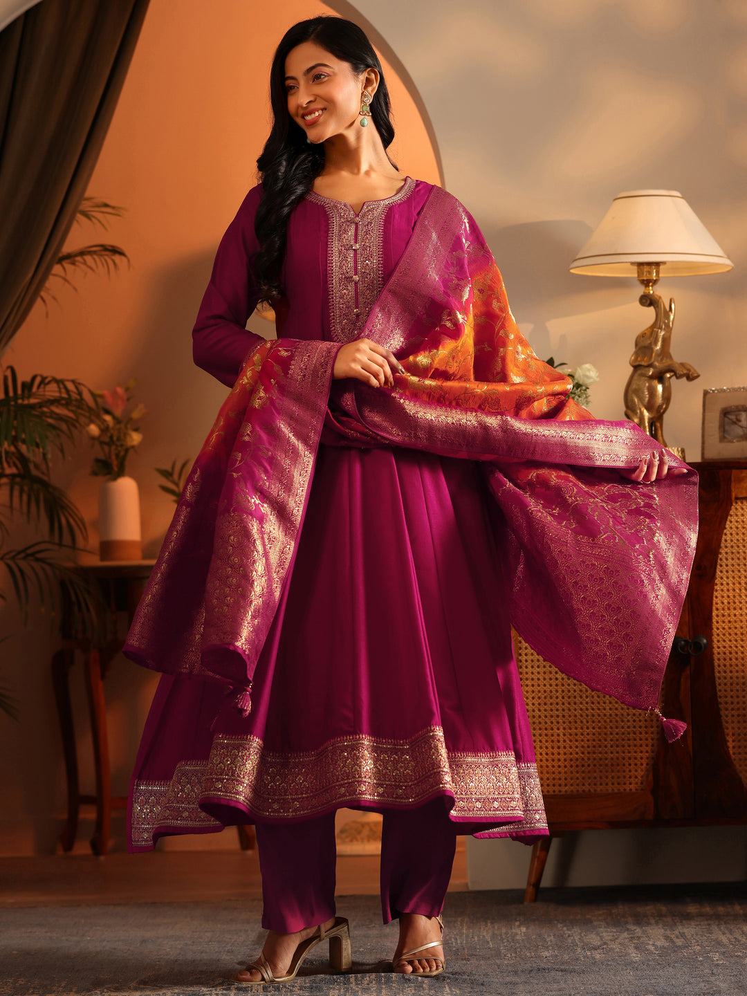  Libas Art Magenta Woven Design Silk Blend Anarkali Suit Set With Dupatta 