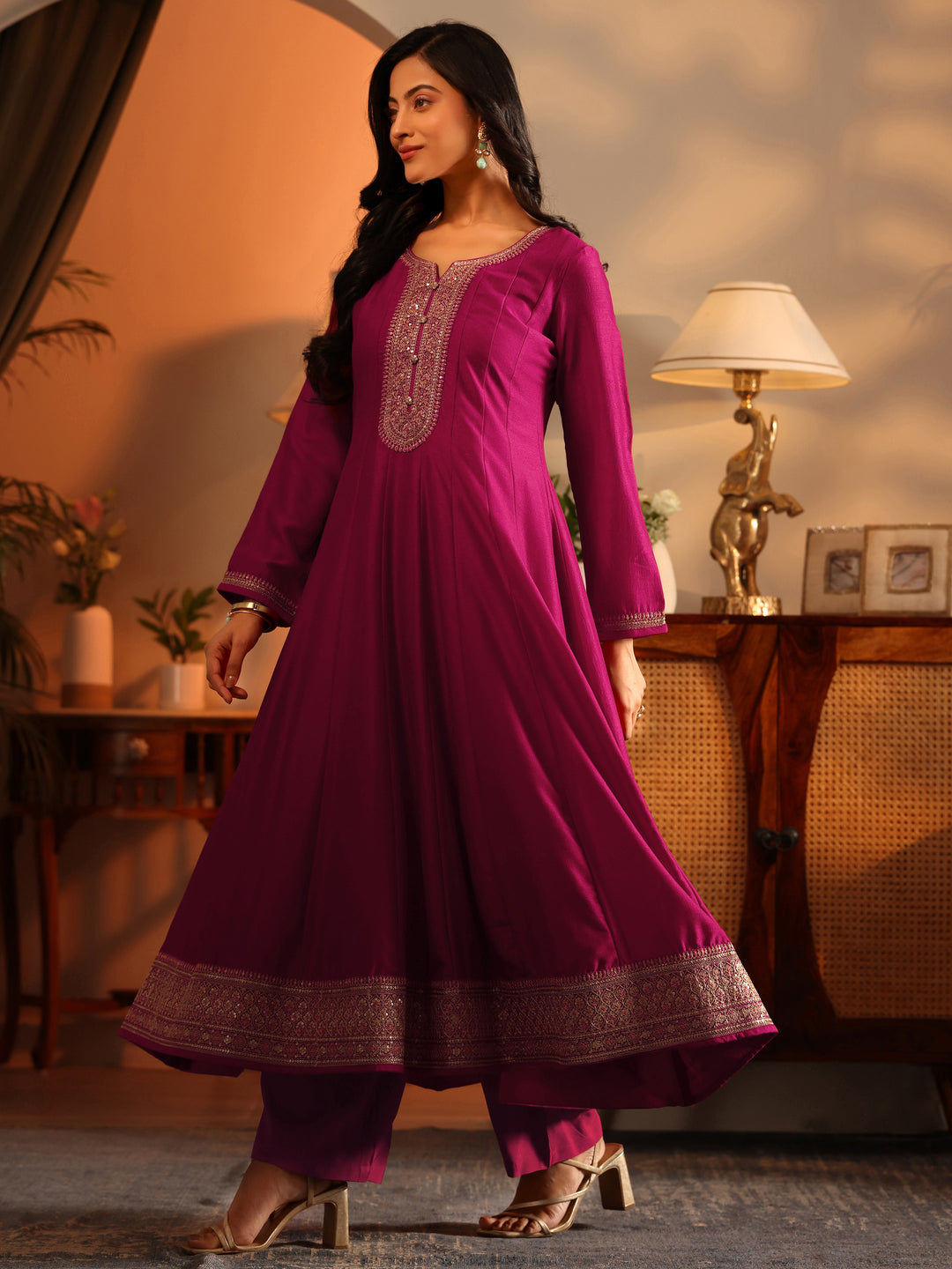  Libas Art Magenta Woven Design Silk Blend Anarkali Suit Set With Dupatta 