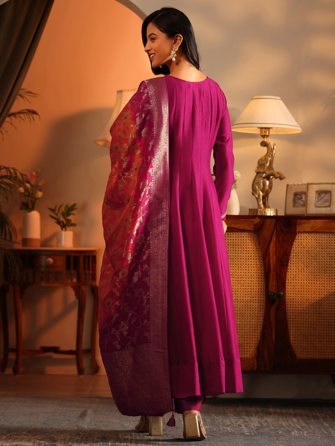  Libas Art Magenta Woven Design Silk Blend Anarkali Suit Set With Dupatta 