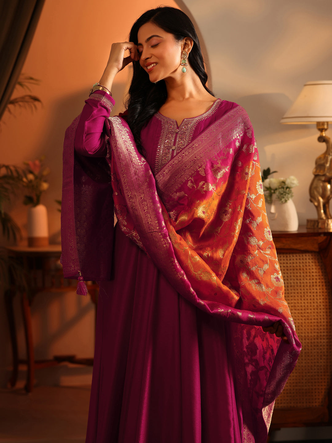  Libas Art Magenta Woven Design Silk Blend Anarkali Suit Set With Dupatta 