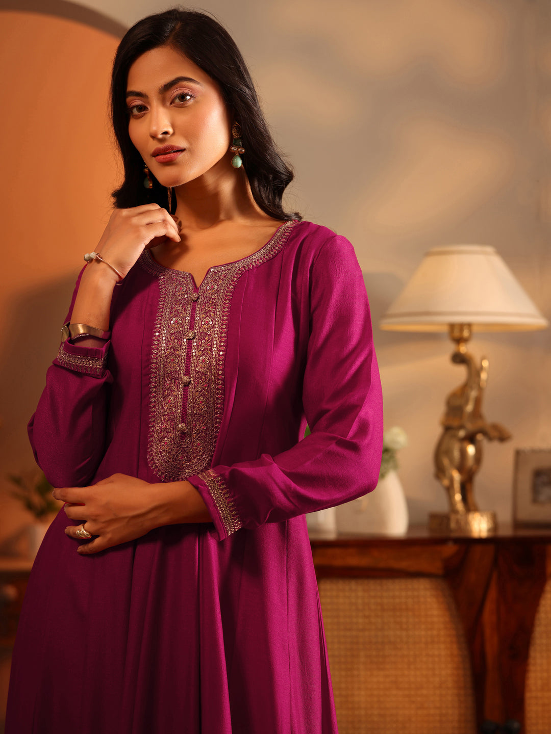  Libas Art Magenta Woven Design Silk Blend Anarkali Suit Set With Dupatta 