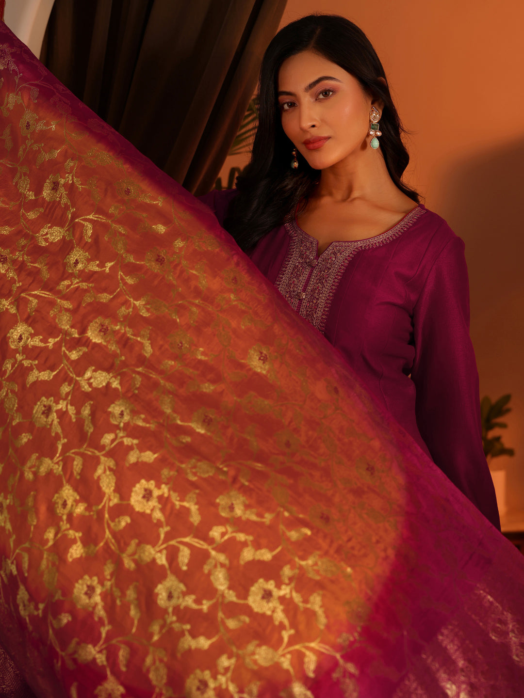  Libas Art Magenta Woven Design Silk Blend Anarkali Suit Set With Dupatta 