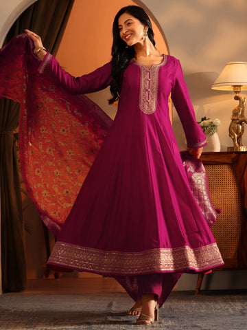 Magenta Woven Design Silk Blend Anarkali Suit Set With Dupatta