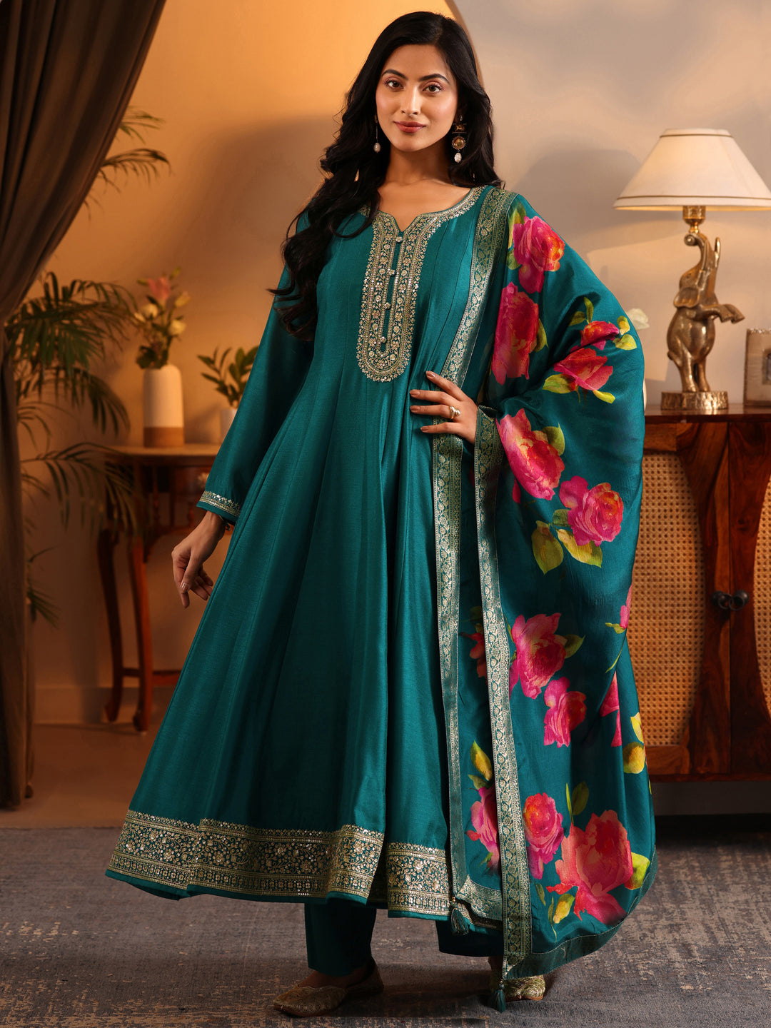  Libas Art Teal Embroidered Silk Blend Anarkali Suit Set With Dupatta 