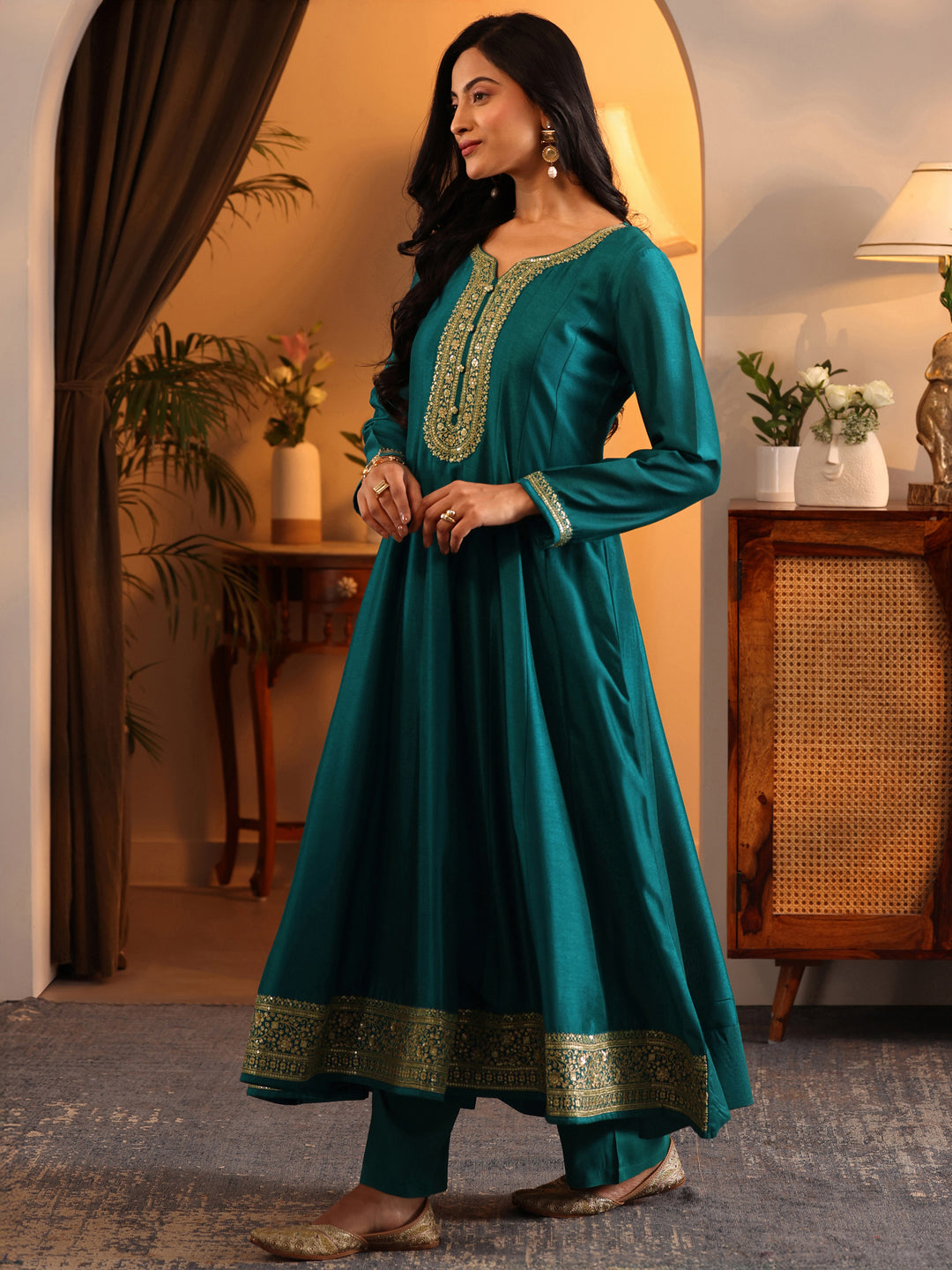  Libas Art Teal Embroidered Silk Blend Anarkali Suit Set With Dupatta 
