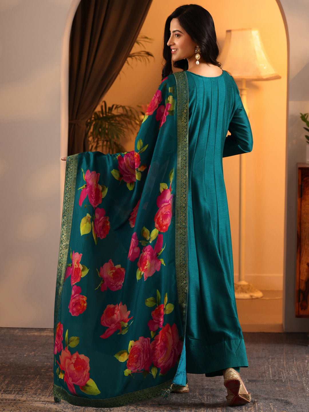  Libas Art Teal Embroidered Silk Blend Anarkali Suit Set With Dupatta 