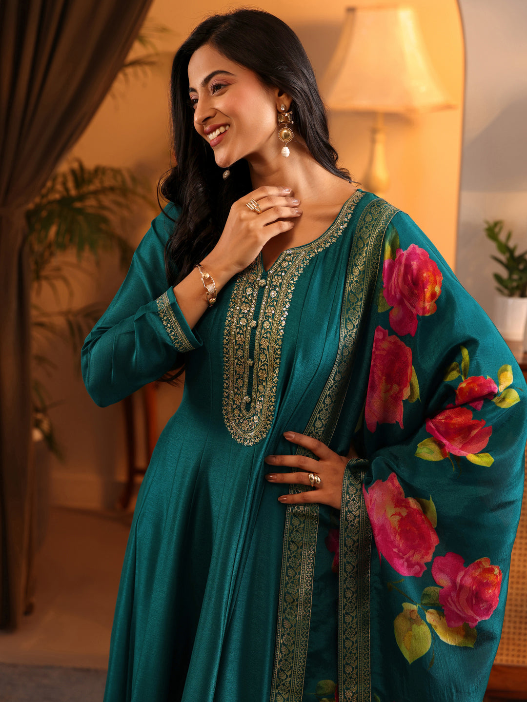  Libas Art Teal Embroidered Silk Blend Anarkali Suit Set With Dupatta 