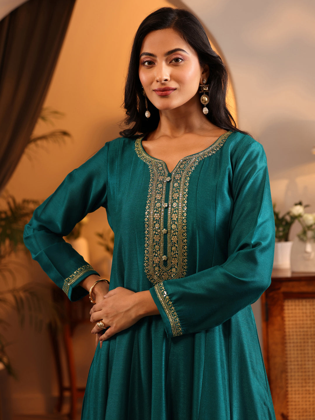  Libas Art Teal Embroidered Silk Blend Anarkali Suit Set With Dupatta 