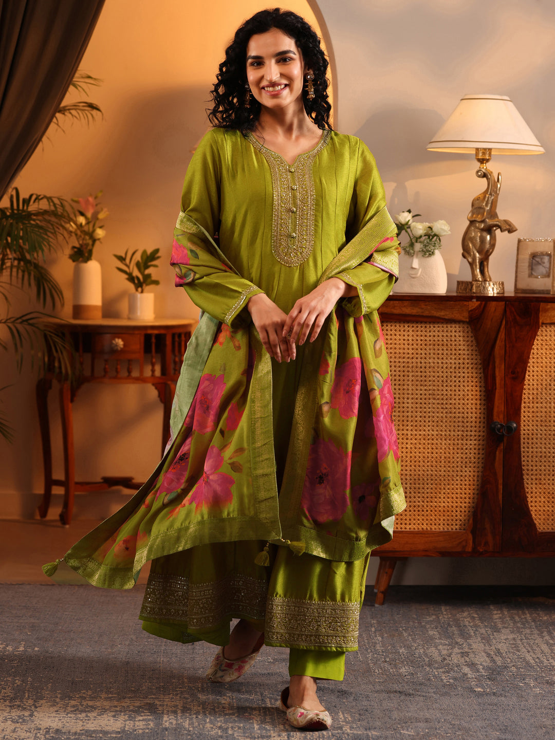  Libas Art Lime Green Embroidered Silk Blend Anarkali Suit Set With Dupatta 