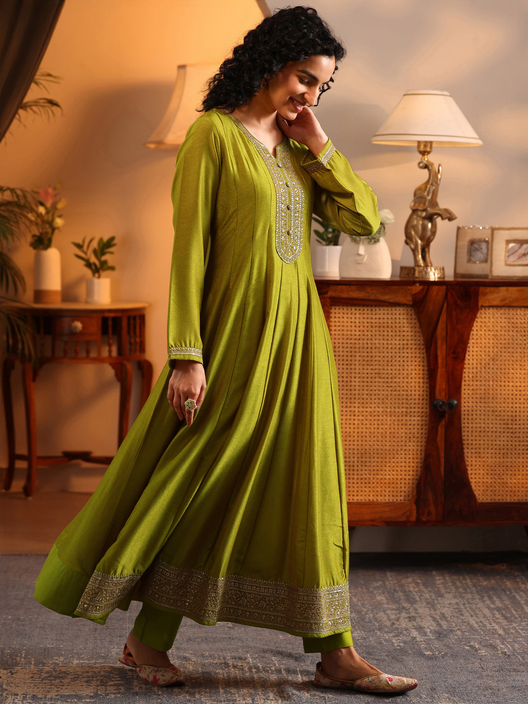  Libas Art Lime Green Embroidered Silk Blend Anarkali Suit Set With Dupatta 