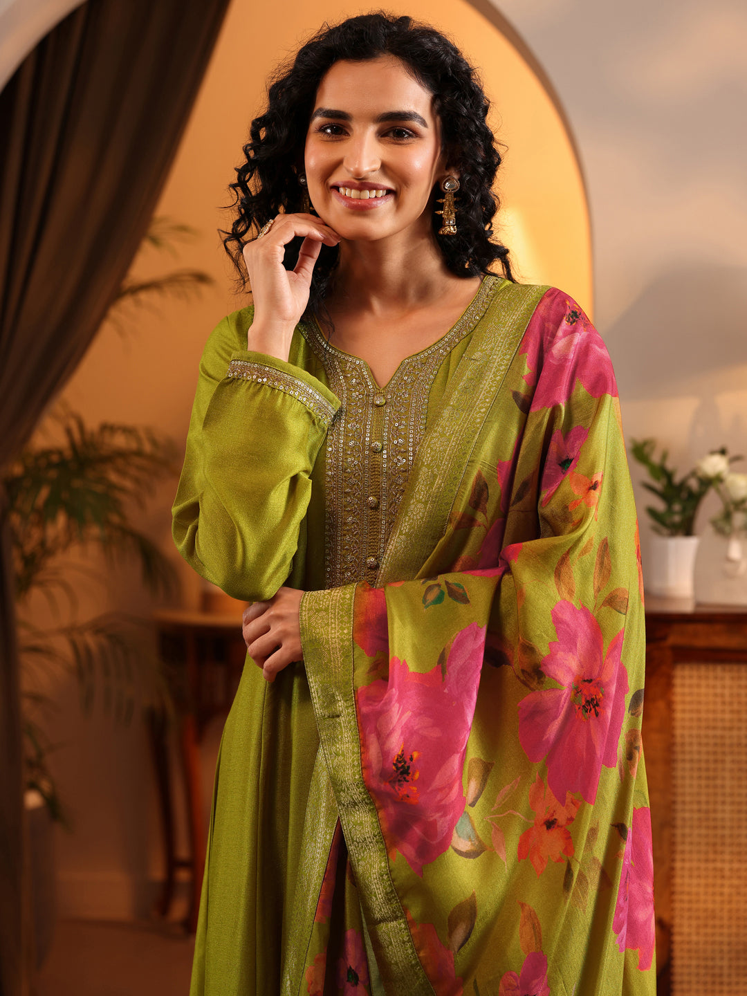  Libas Art Lime Green Embroidered Silk Blend Anarkali Suit Set With Dupatta 
