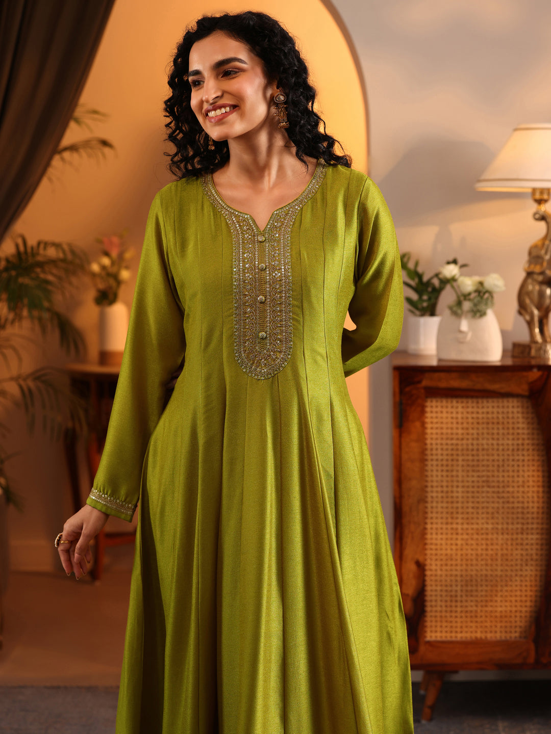 Libas Art Lime Green Embroidered Silk Blend Anarkali Suit Set With Dupatta 