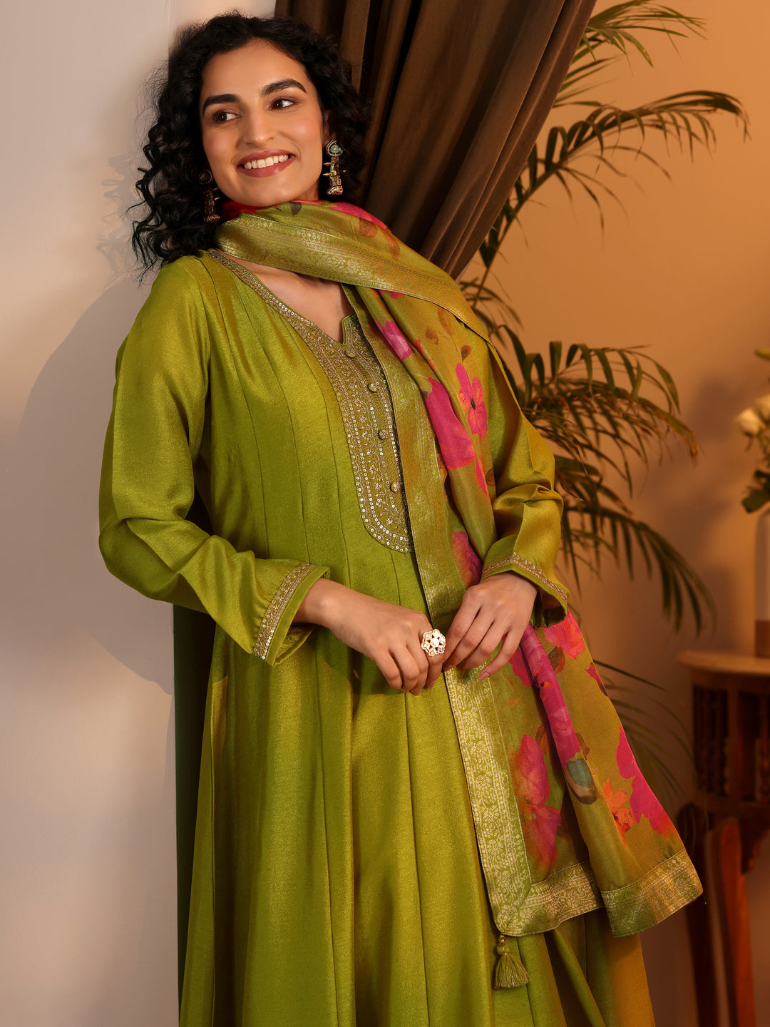Libas Art Lime Green Embroidered Silk Blend Anarkali Suit Set With Dupatta