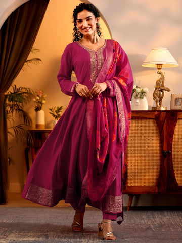 Pink Embroidered Silk Blend Anarkali Suit Set With Dupatta