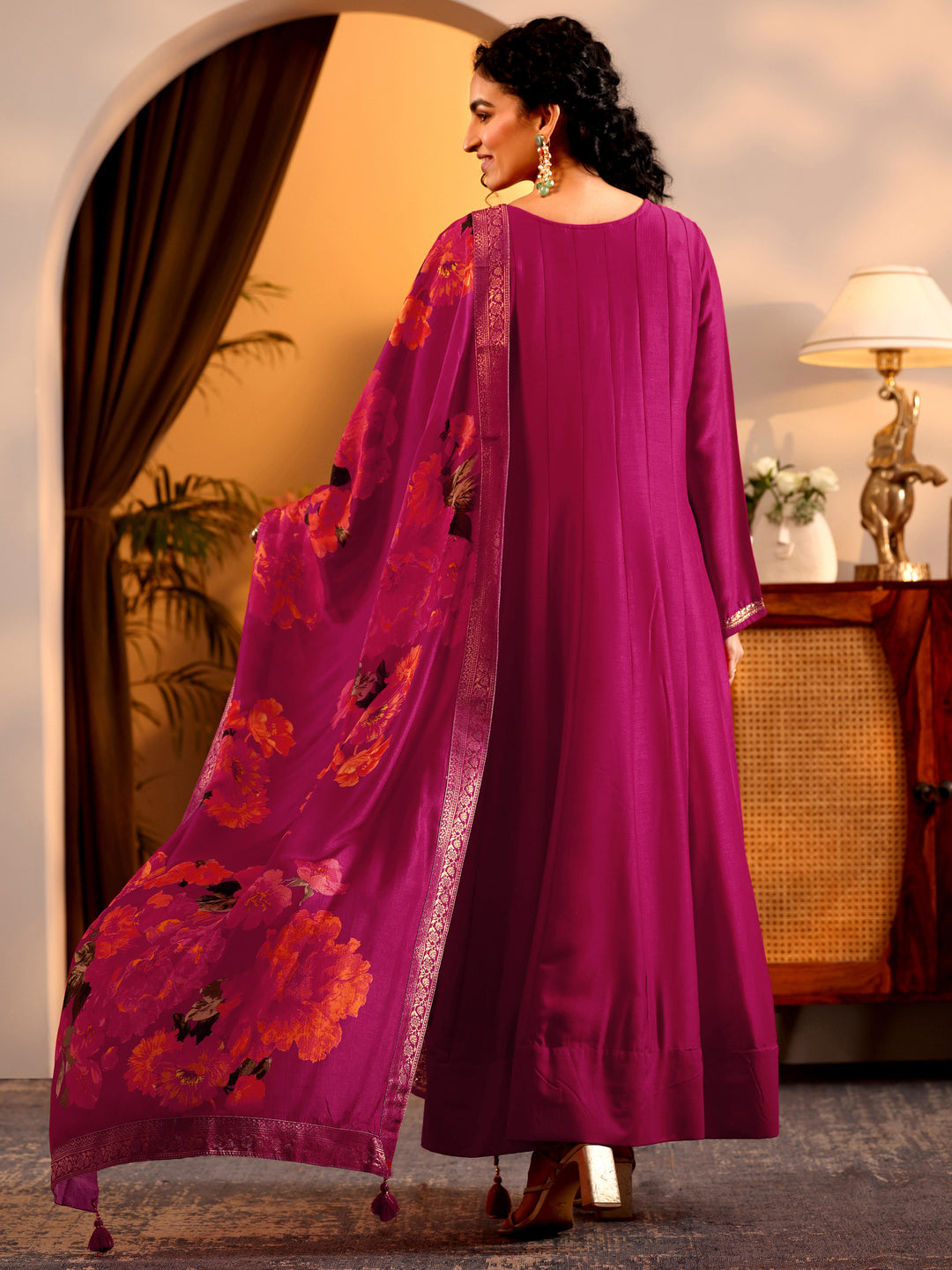  Libas Art Pink Embroidered Silk Blend Anarkali Suit Set With Dupatta 