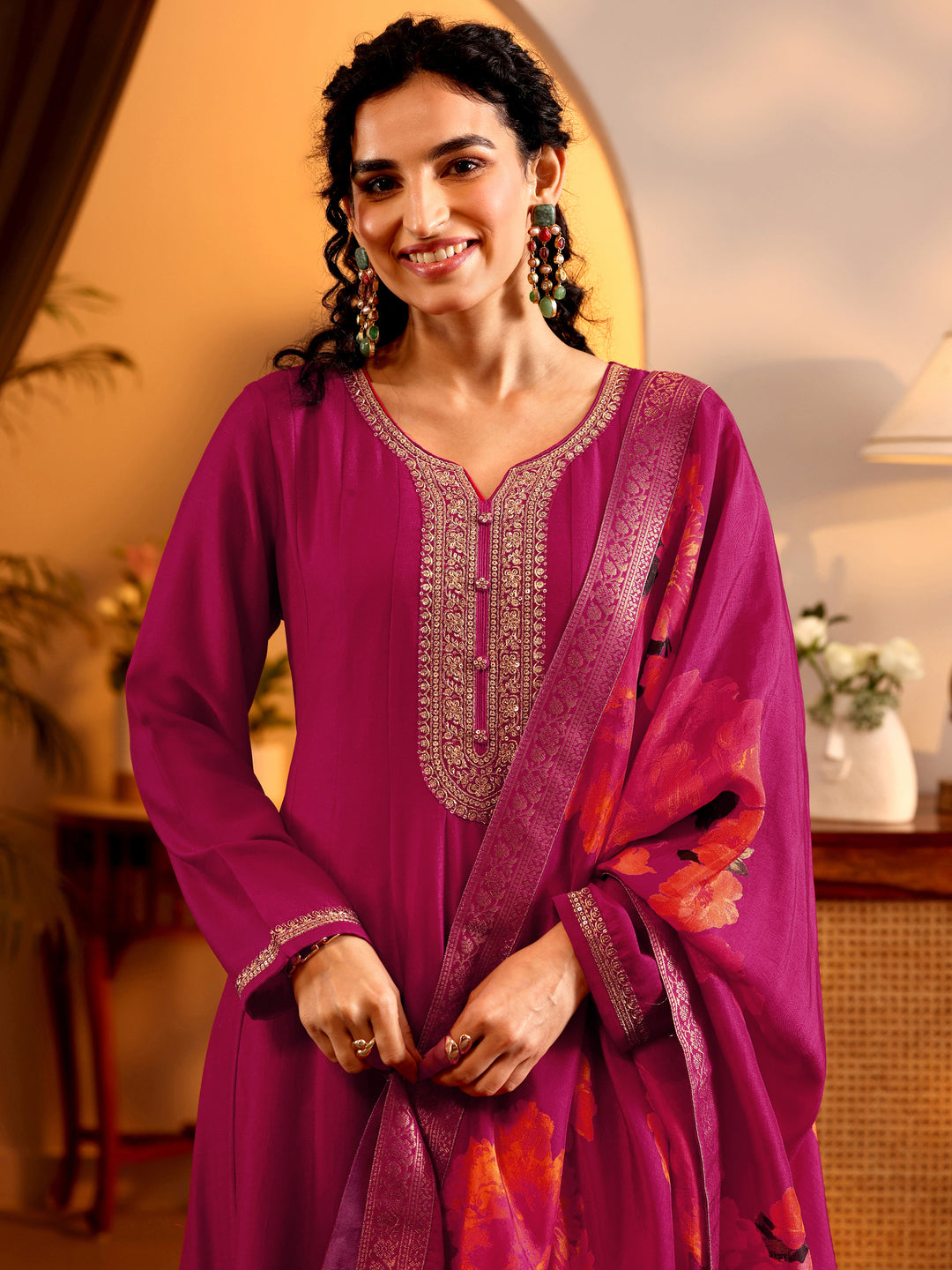  Libas Art Pink Embroidered Silk Blend Anarkali Suit Set With Dupatta 