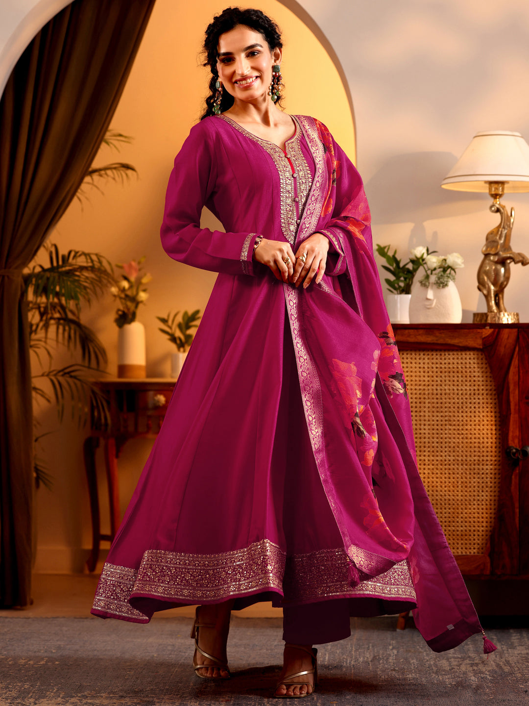  Libas Art Pink Embroidered Silk Blend Anarkali Suit Set With Dupatta 