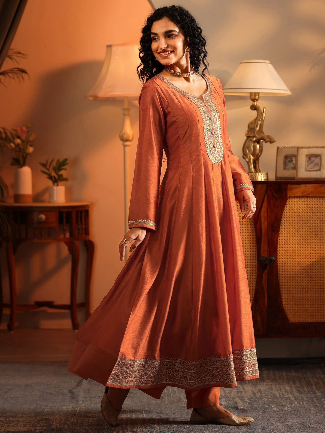  Libas Art Orange Embroidered Silk Blend Anarkali Suit Set With Dupatta 