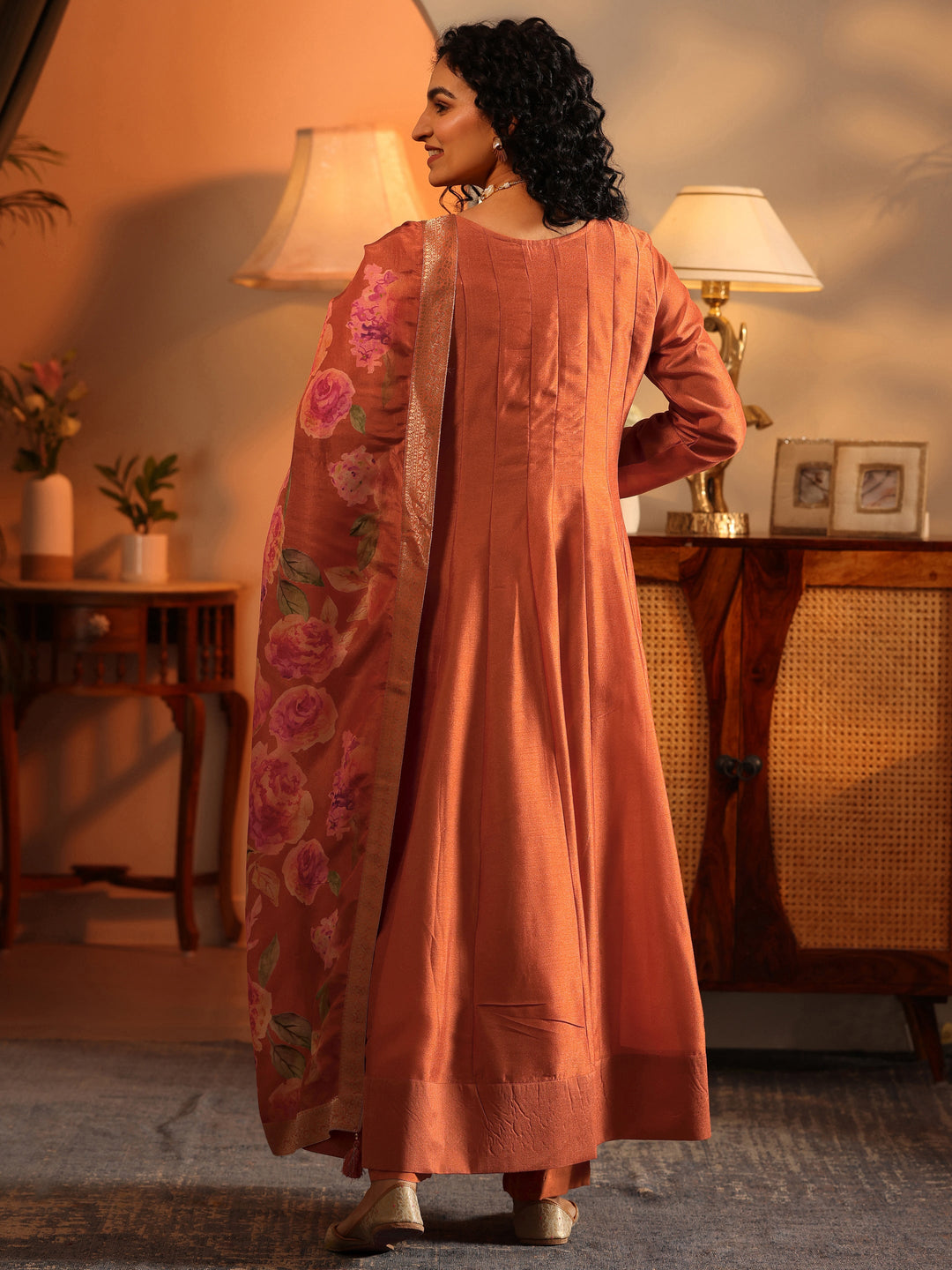  Libas Art Orange Embroidered Silk Blend Anarkali Suit Set With Dupatta 