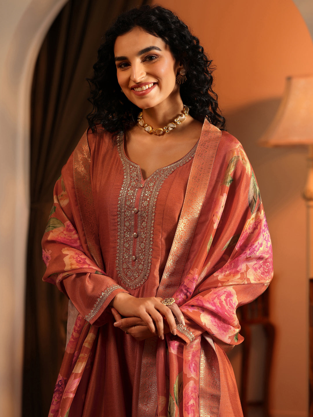  Libas Art Orange Embroidered Silk Blend Anarkali Suit Set With Dupatta 